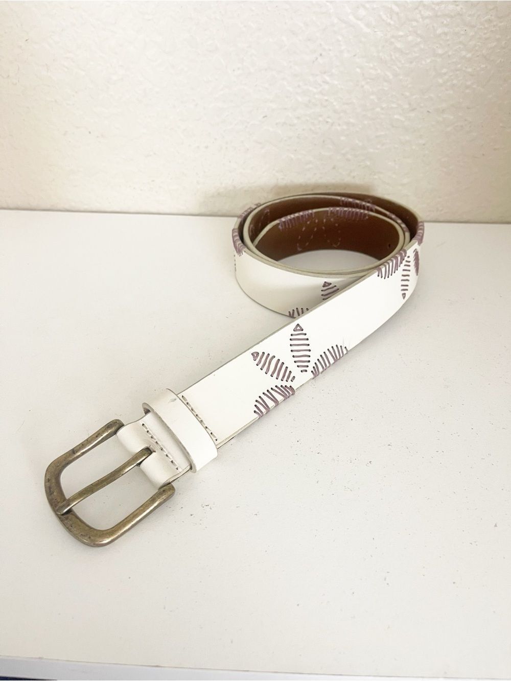 Free People Swift Haze floral Embroidered Belt white leather purple stitching - Picture 2 of 10